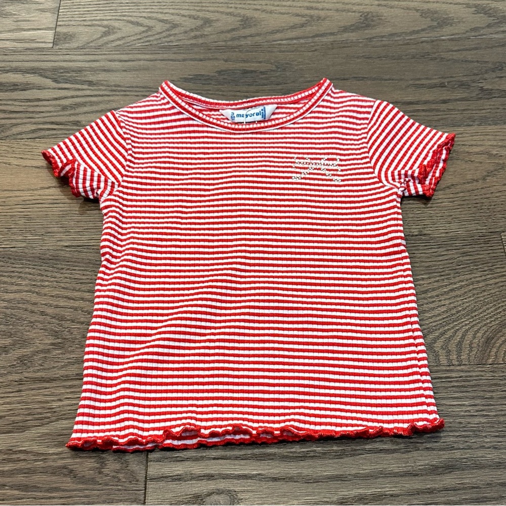 Mayoral Red and White Striped Short sleeve shirt with Rhinestone Bow size 3 NWT